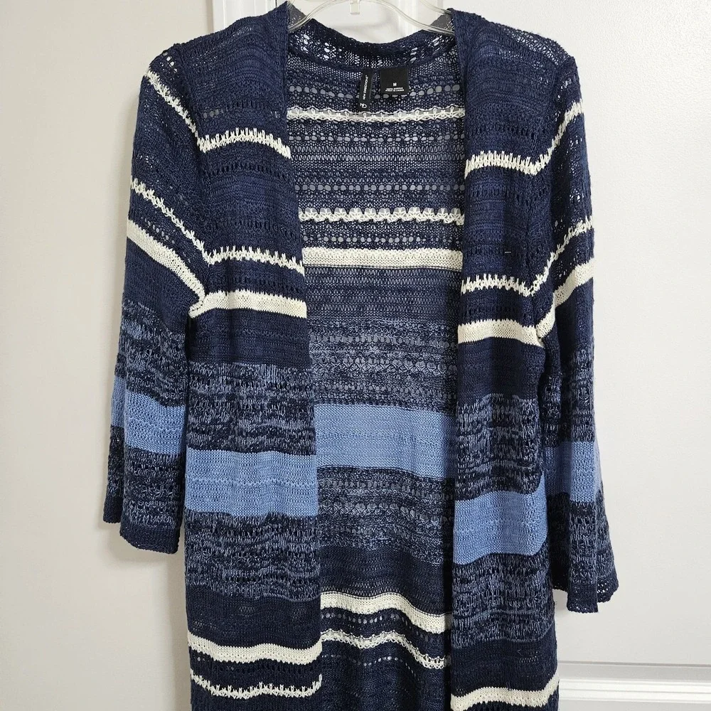 New Directions Open Cardigan Womens Med Blue‎ Striped Tassel Fringe Boho Duster - Picture 4 of 9